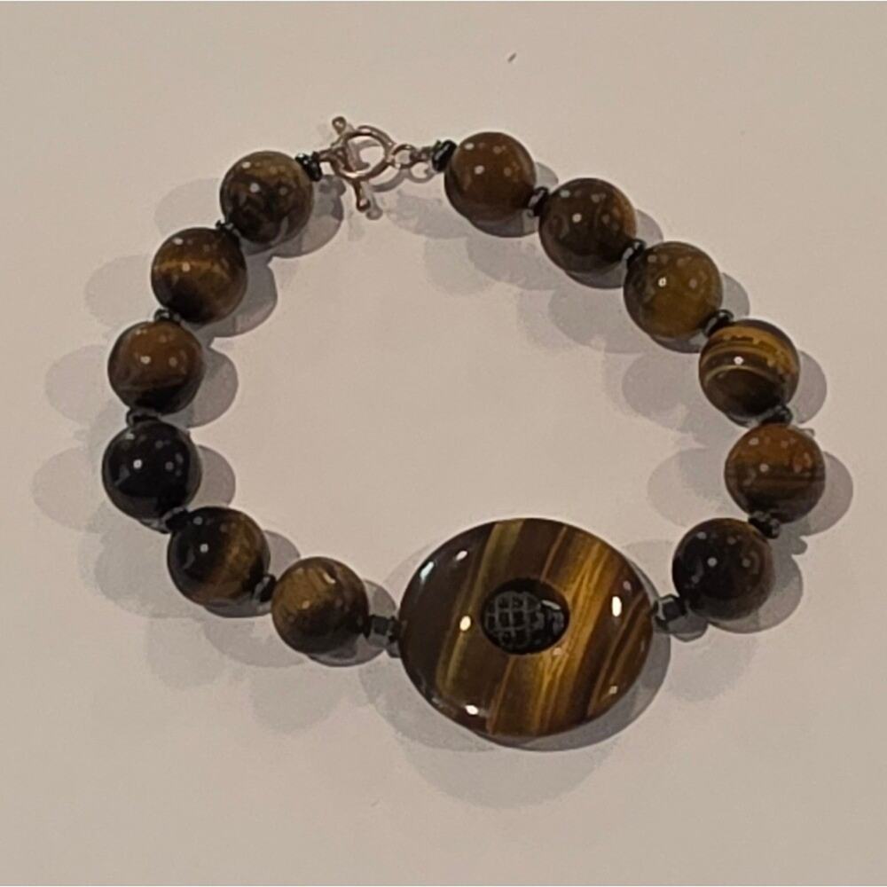 Tiger Eye Stone Beaded Bracelet with Round Centerpiece Statement Jewelry